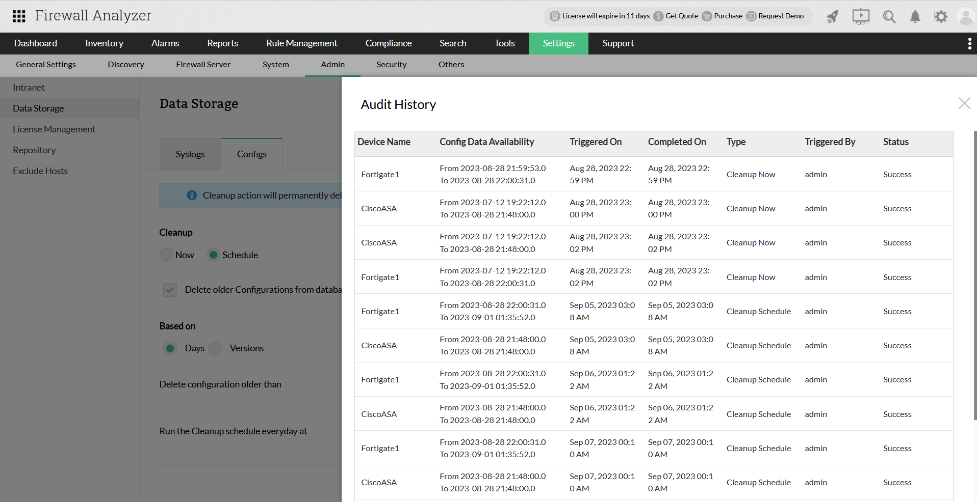 Firewall configuration cleanup in Firewall Analyzer: Audit history