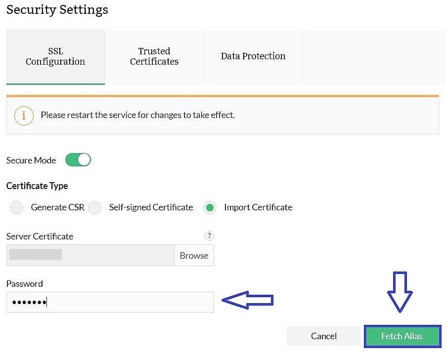 Security settings in Firewall Analyzer: Import from PFX Keystore