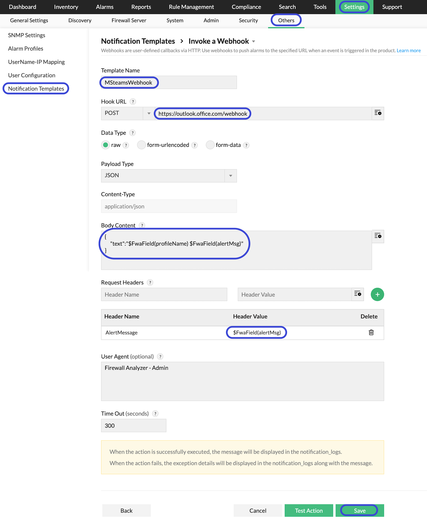 Microsoft teams integration with Firewall Analyzer: Notification templates