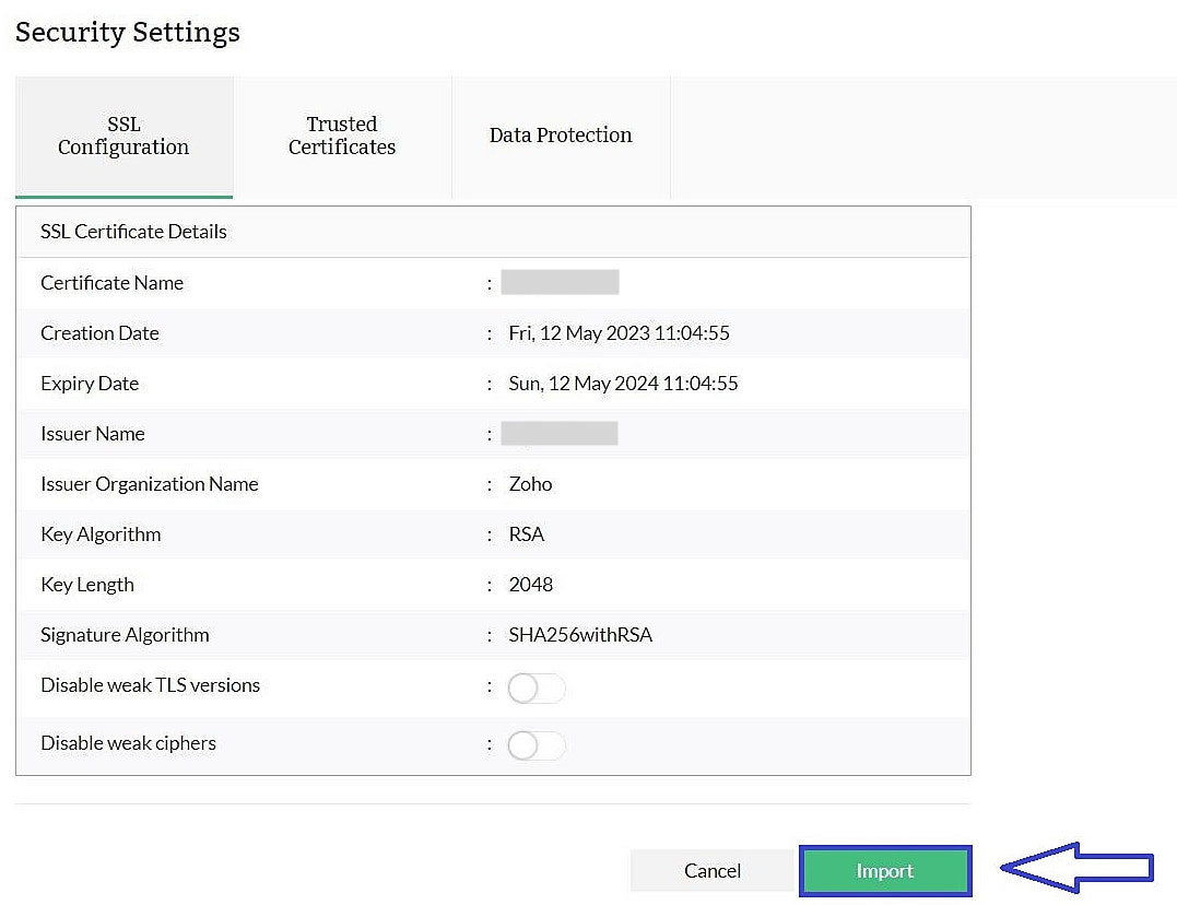 Security settings in Firewall Analyzer: Preview and import certificate