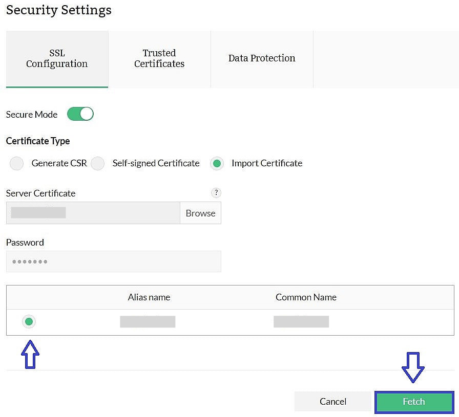 Security settings in Firewall Analyzer: Select alias from Keystore