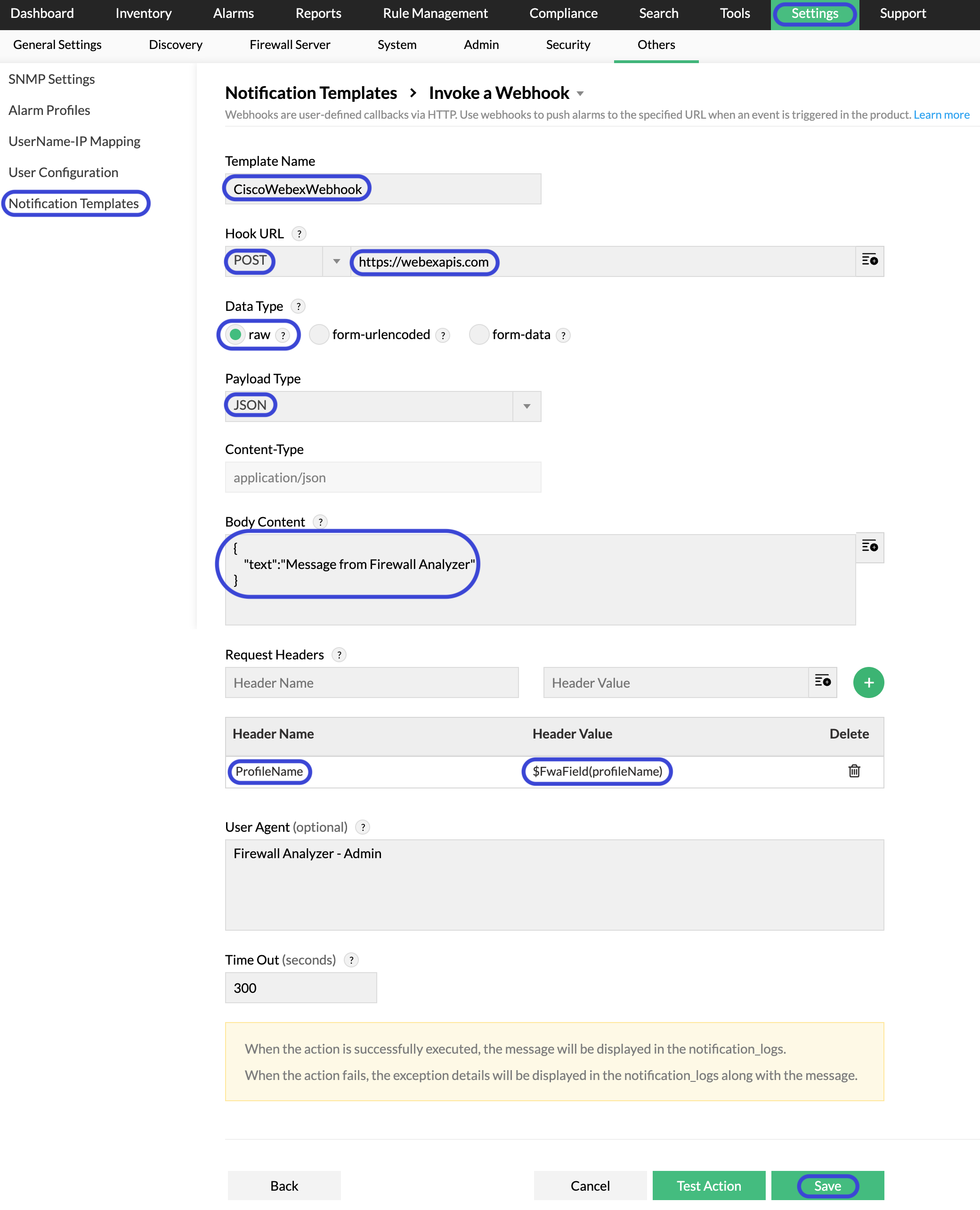 Cisco Webex integration with Firewall Analyzer: Notification templates