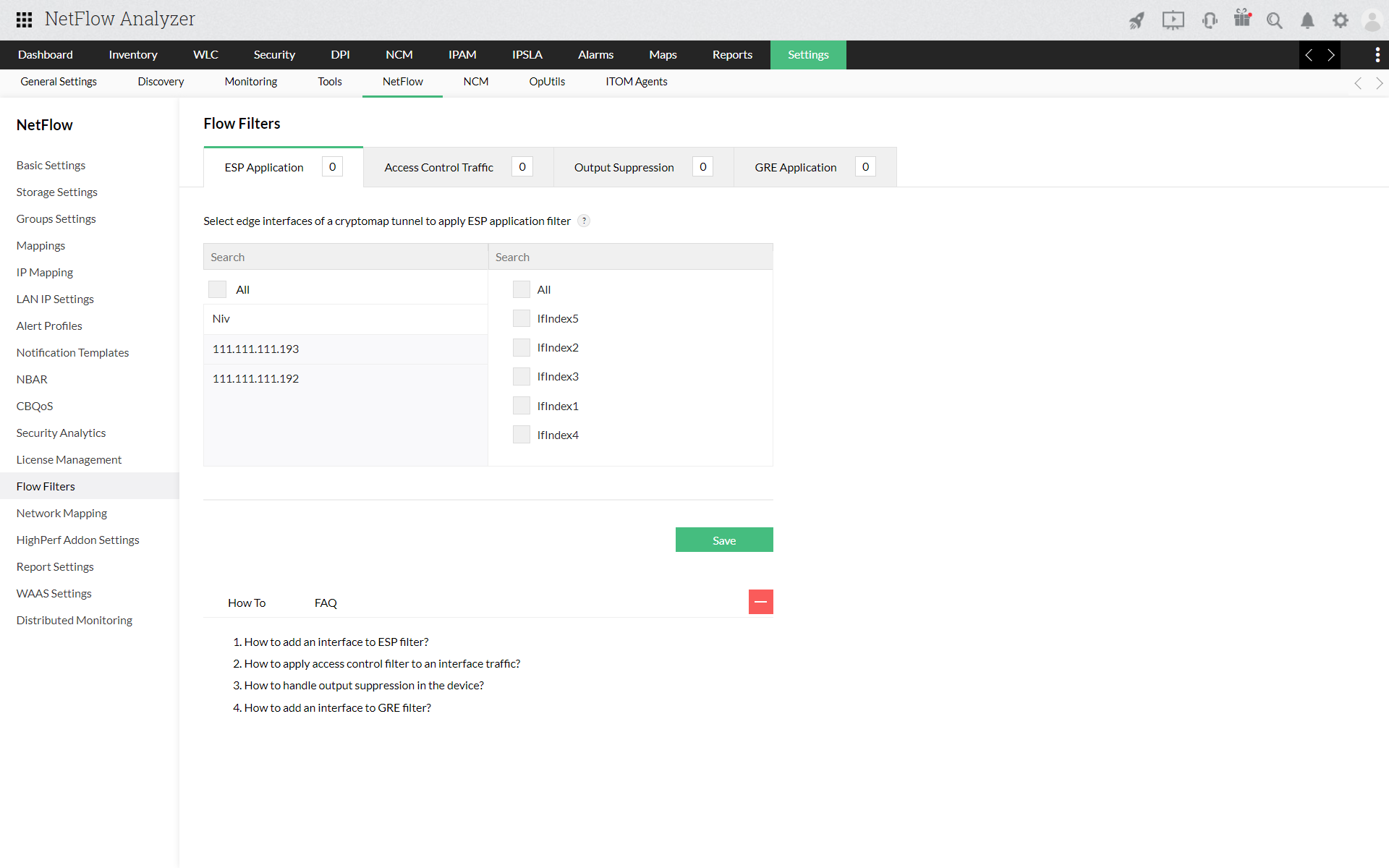 How to add an interface to ESP or GRE filter in NetFlow Analyzer