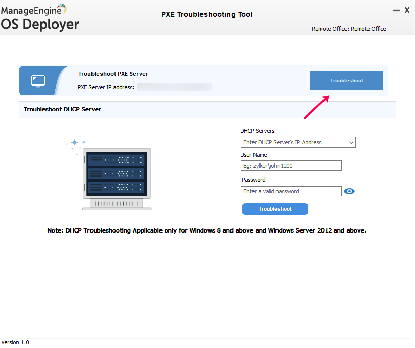 PXE troubleshooting tool main screen