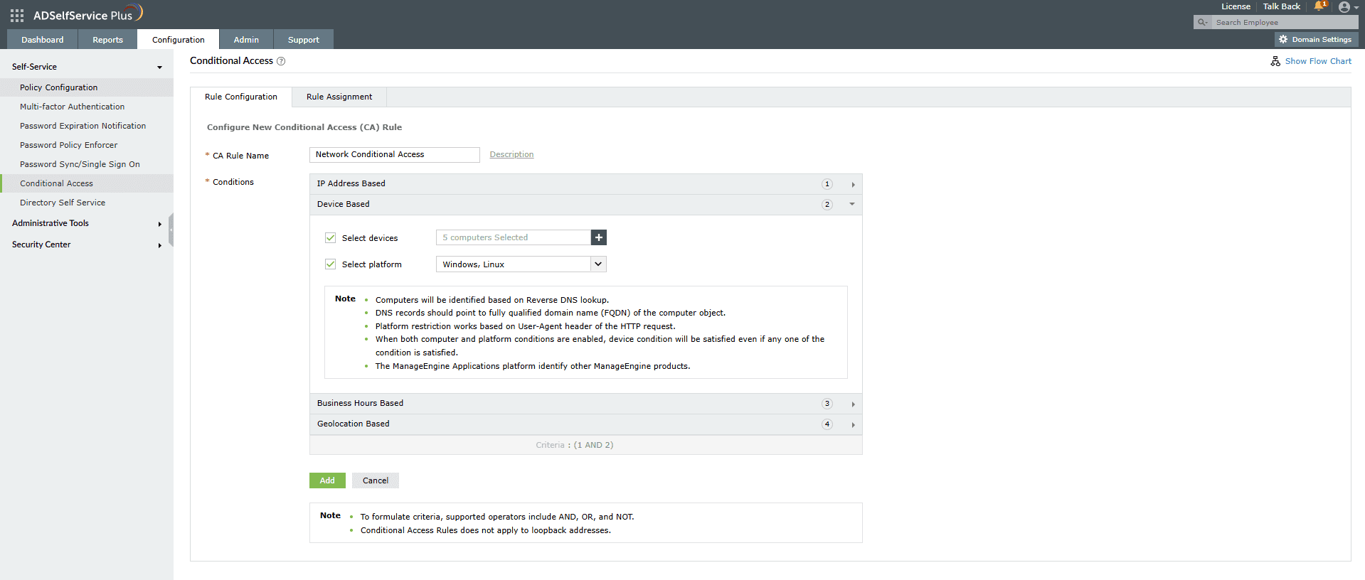 Device-type-based conditional access in ADSelfService Plus