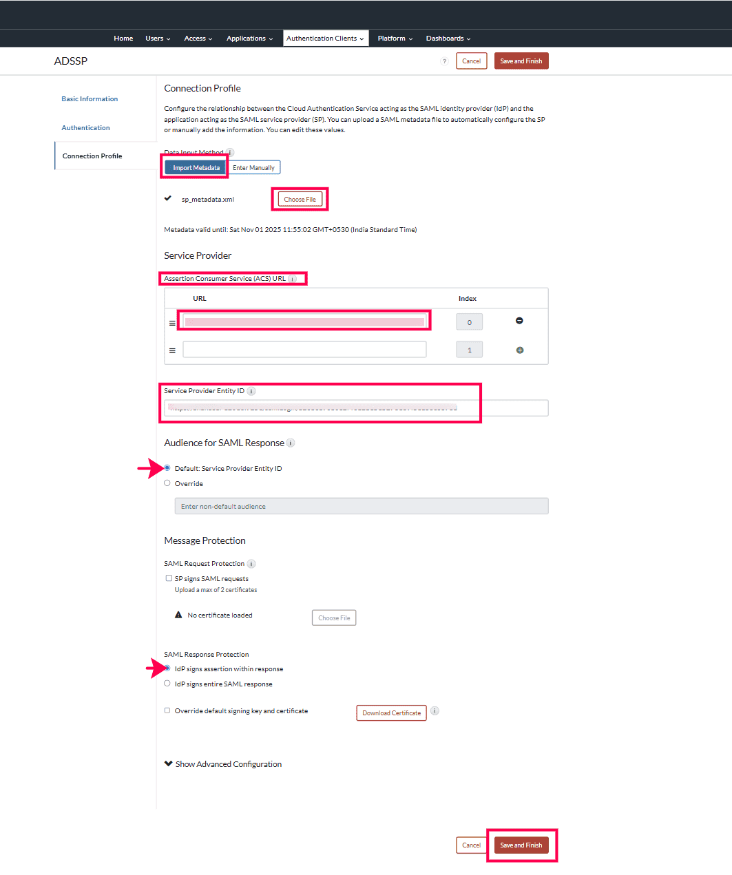 Importing the SP Metadata file while configuring RSA Cloud as a SAML authenticator in ADSelfService Plus.