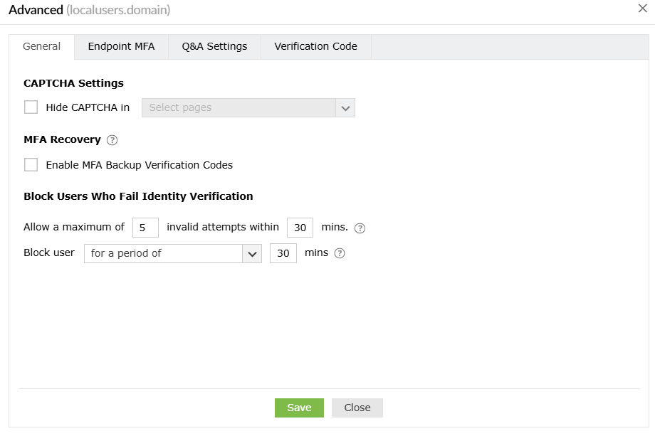Overview of the general local user MFA advanced configuration settings