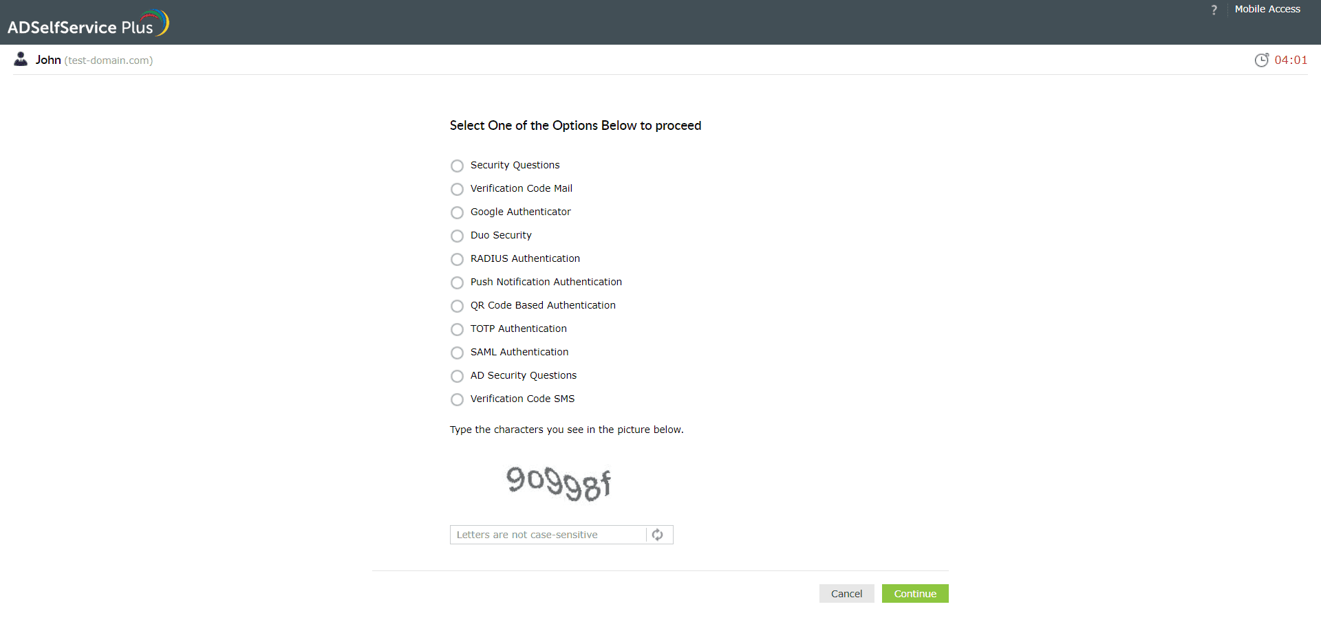 ADSelfService Plus identity verification screen showing available authentication methods for Entra ID password reset.