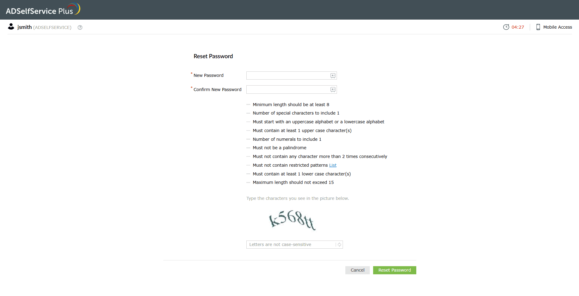 ADSelfService Plus Reset Password screen with real-time password complexity requirements enforced by the Password Policy Enforcer.