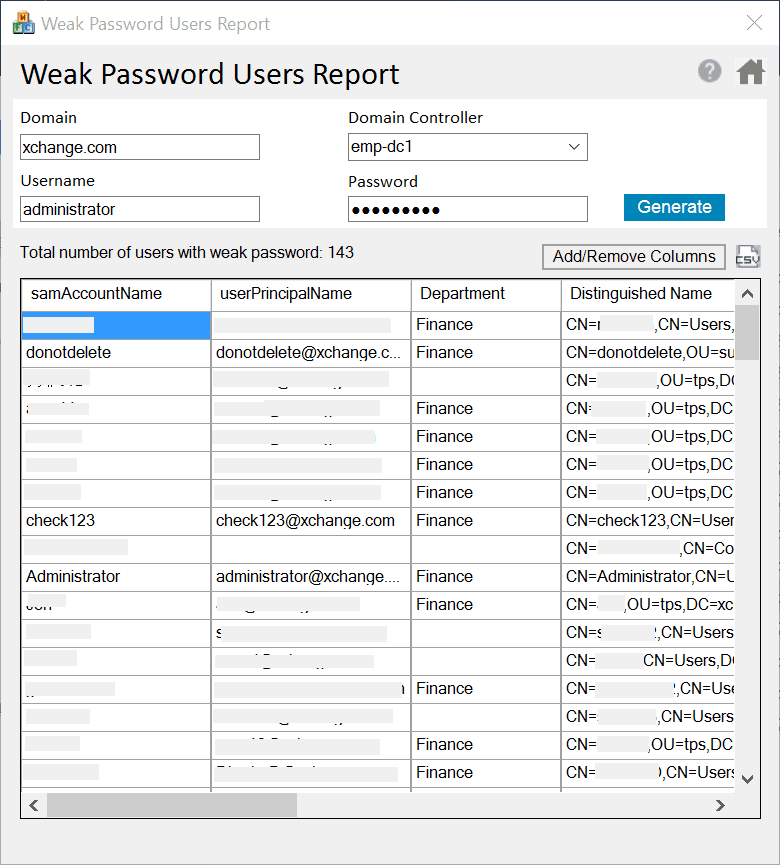A screenshot of the Weak password users report in the ADSelfService Plus admin portal.