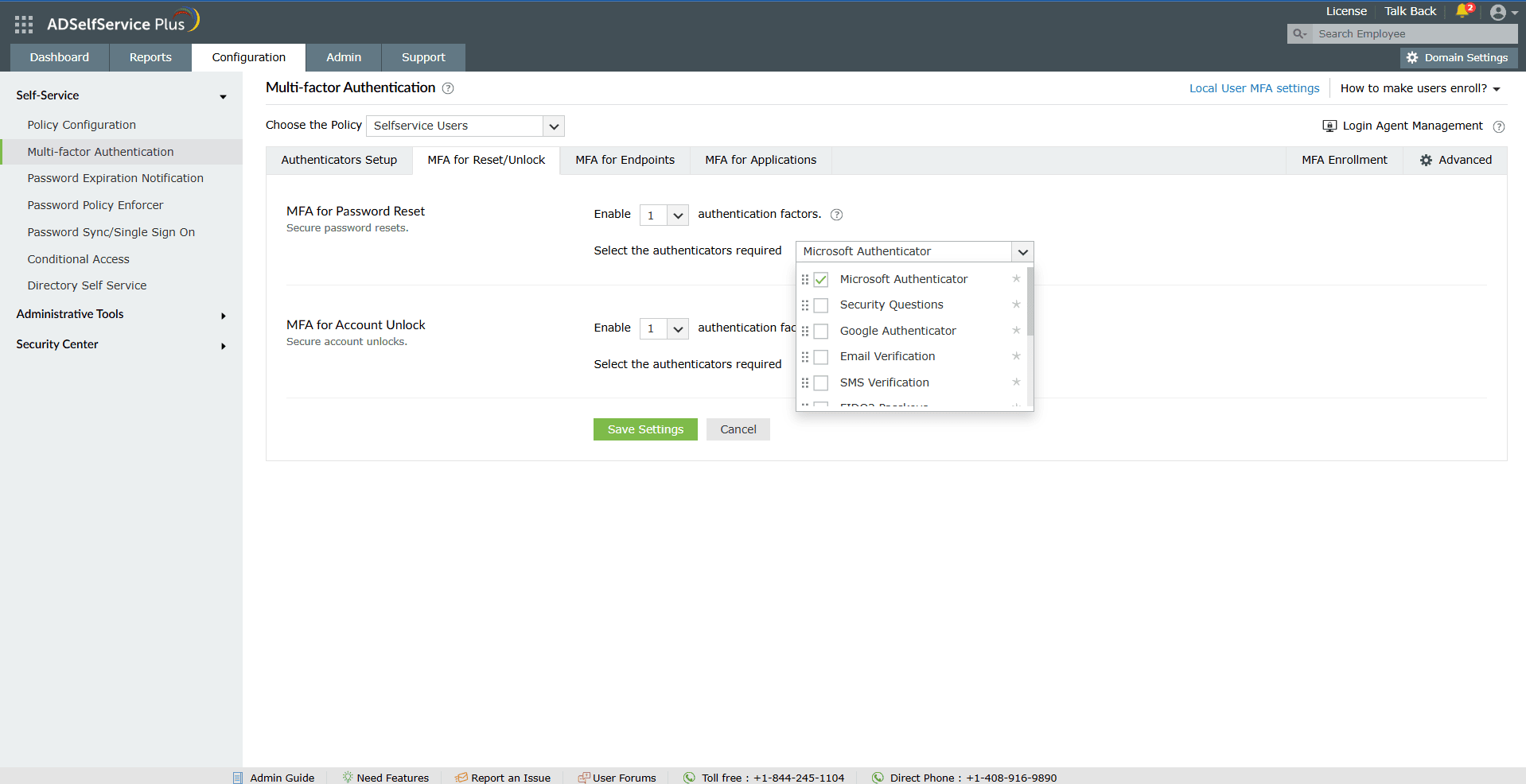 The MFA policy configuration page in ADSelfService Plus with Microsoft Authenticator enabled for password resets and account unlocks.
