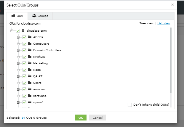 Steps to select the OUs and groups for self-service password reset using ADSelfService Plus