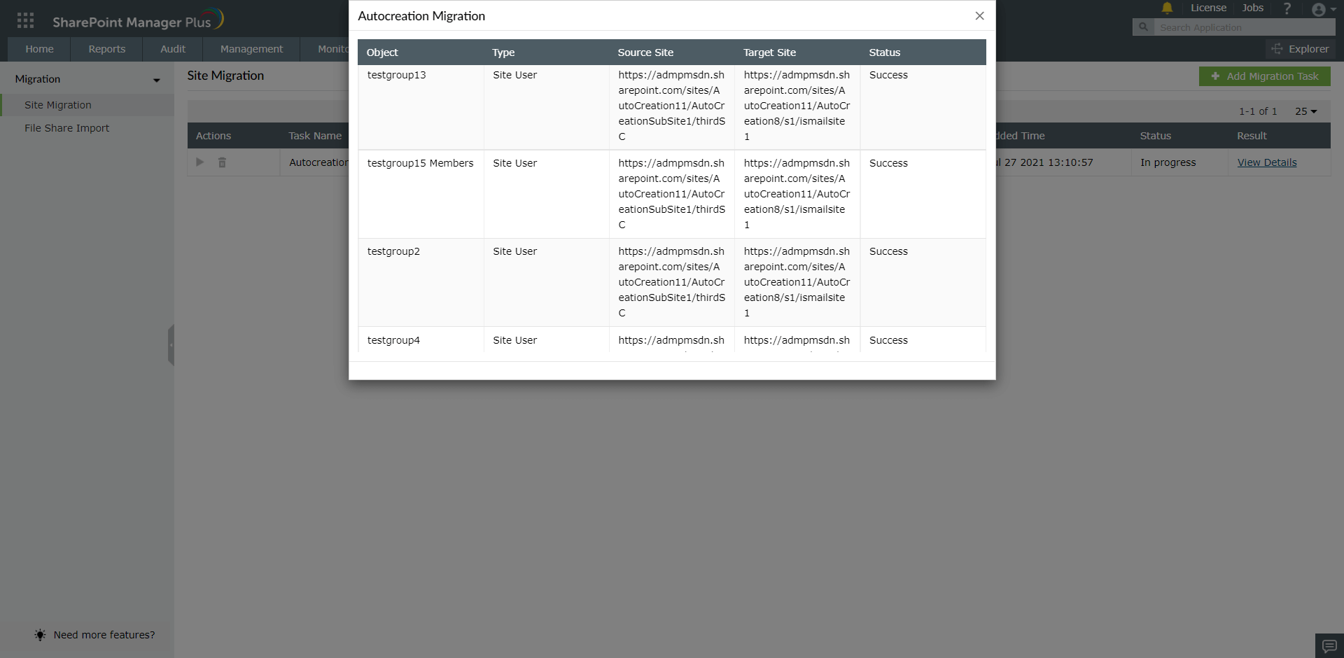 Run / delete migration tasks