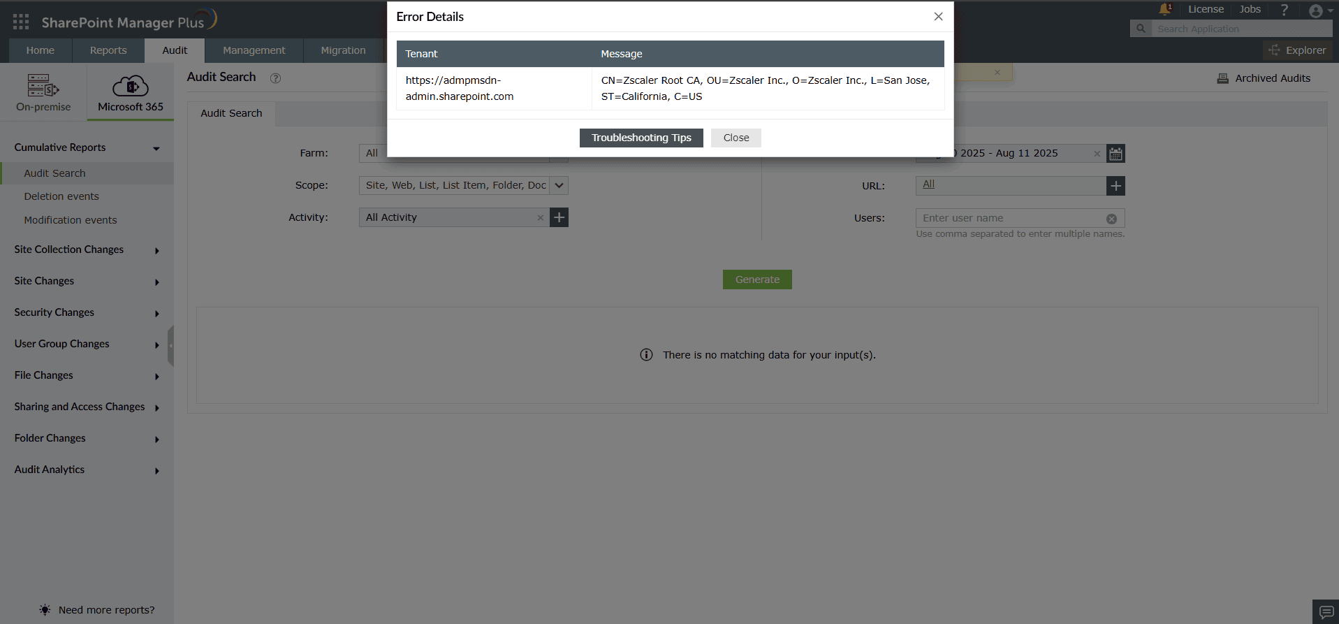 Untrusted certificate error in SharePoint Manager Plus