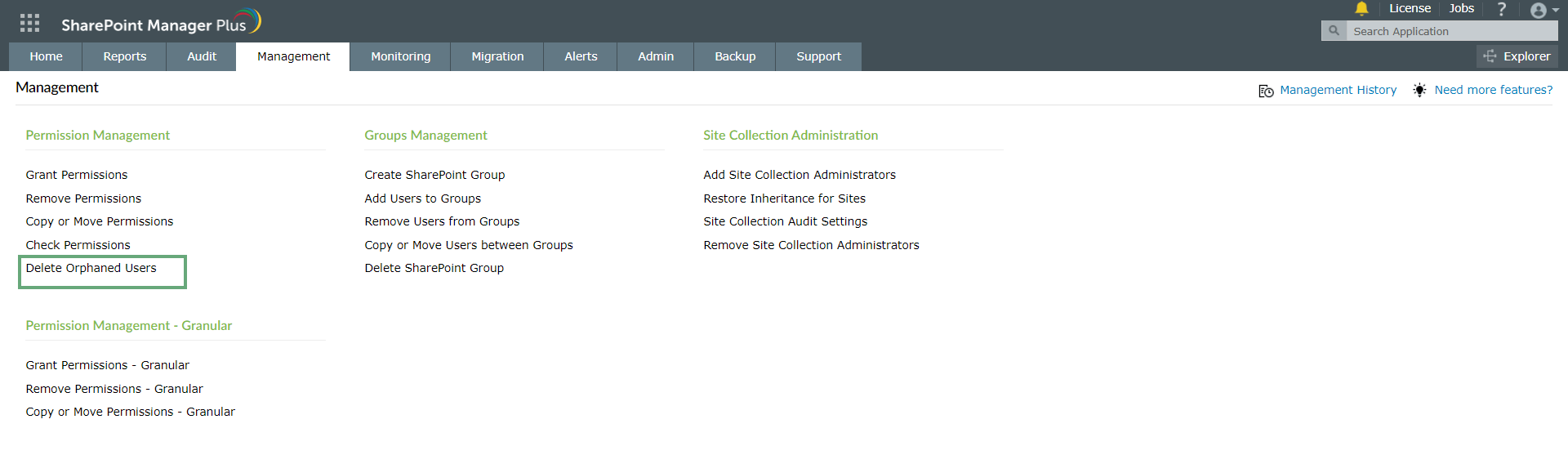 Navigating to the Delete Orphaned Users feature in SharePoint Manager Plus