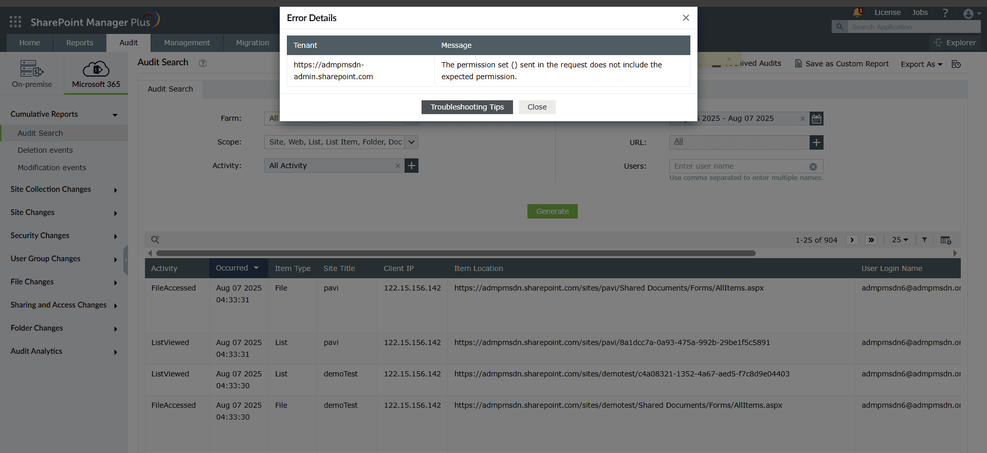 Missing permissions error in SharePoint Manager Plus