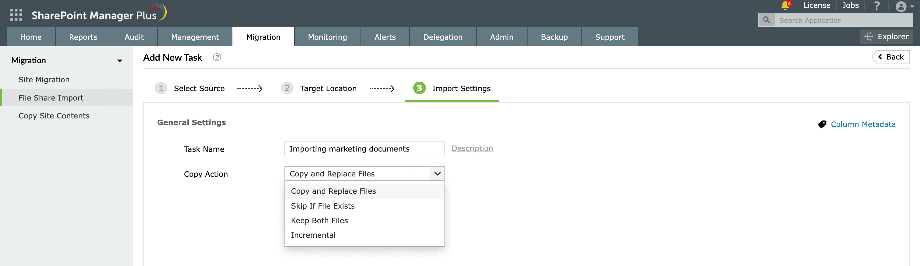 Selecting copy action for uploading files to SharePoint in SharePoint Manager Plus.
