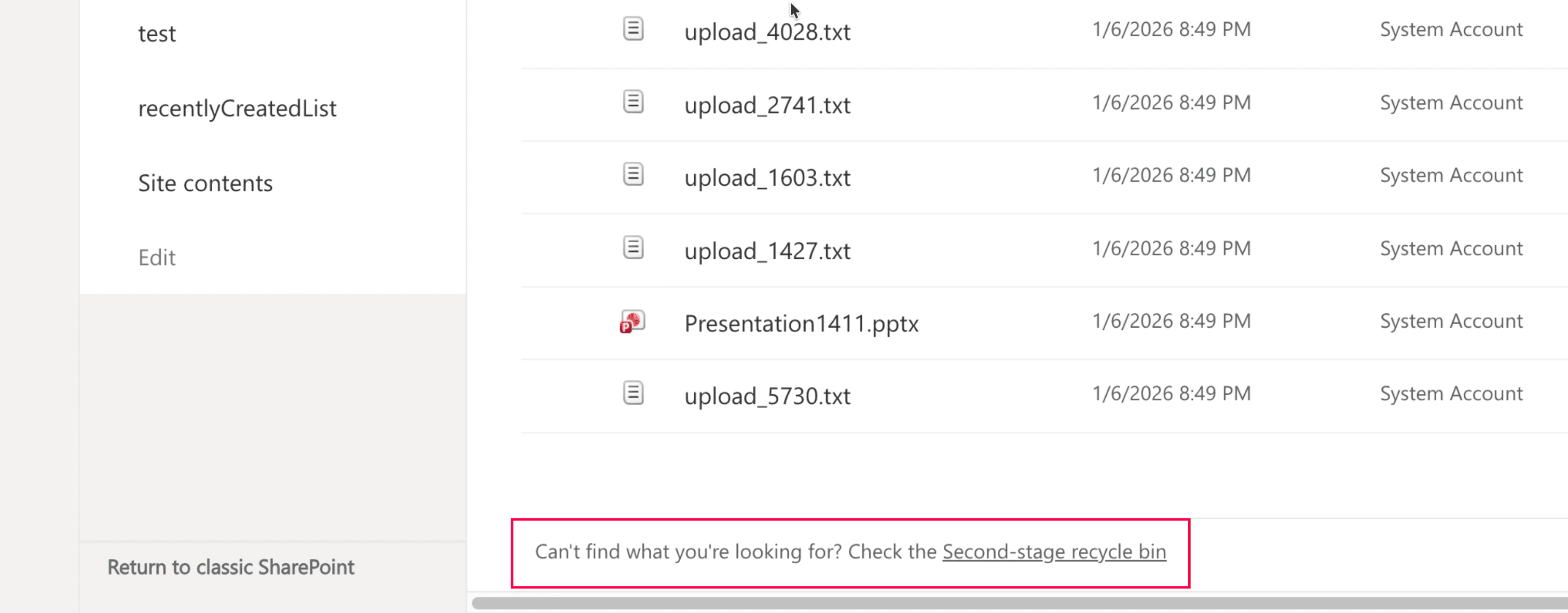 Accessing the second-stage Recycle Bin in SharePoint Online.