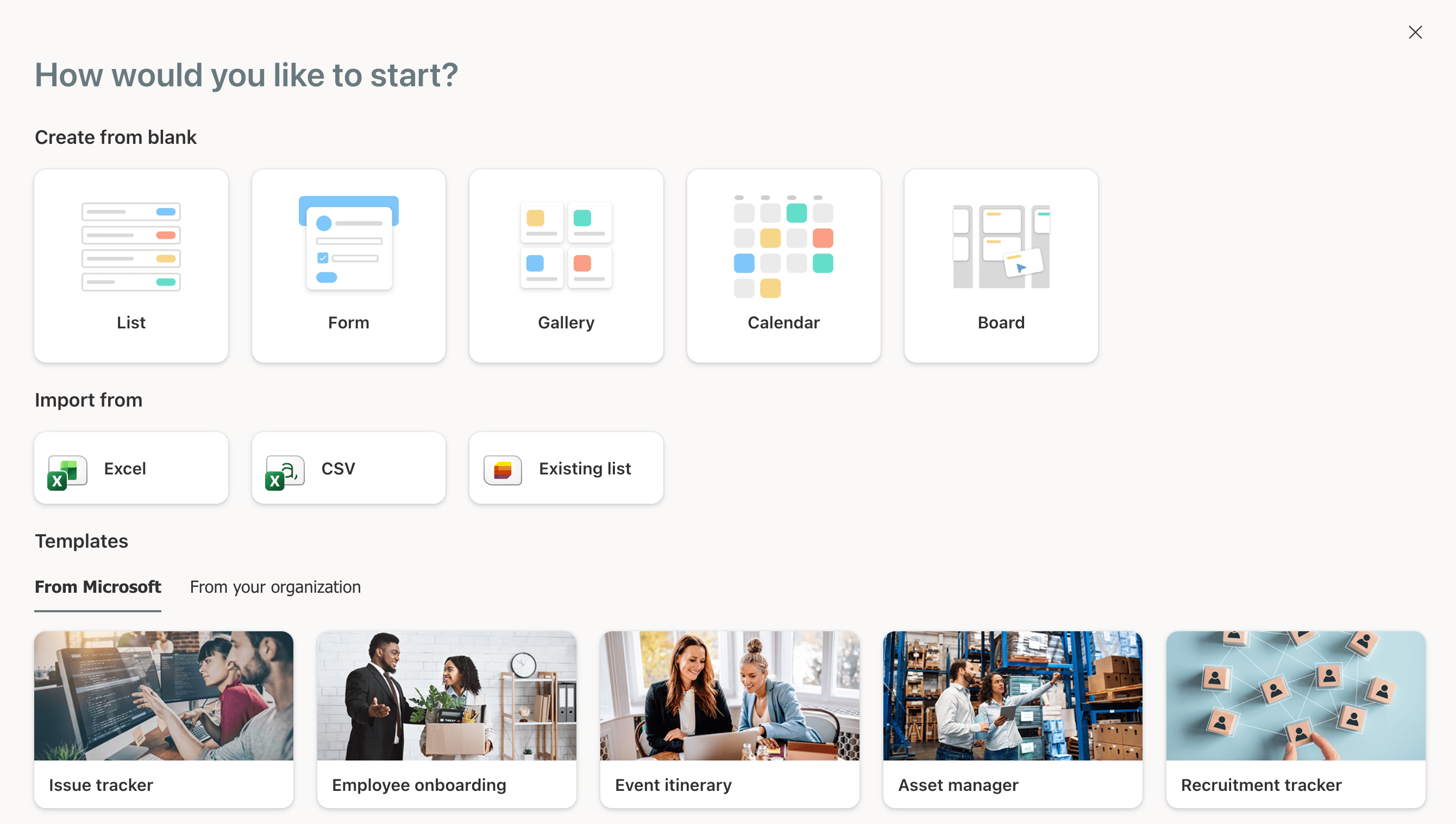 Selecting a template for list creation in SharePoint Online.