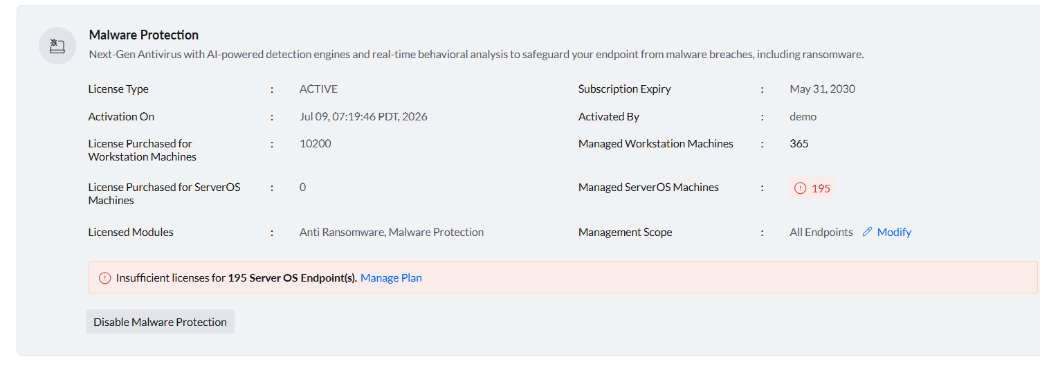 Add-on Configurations screen showing license type, activation date, subscription expiry, licensed modules, and management scope settings