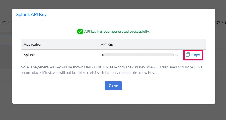 Generated API key displayed with a copy option