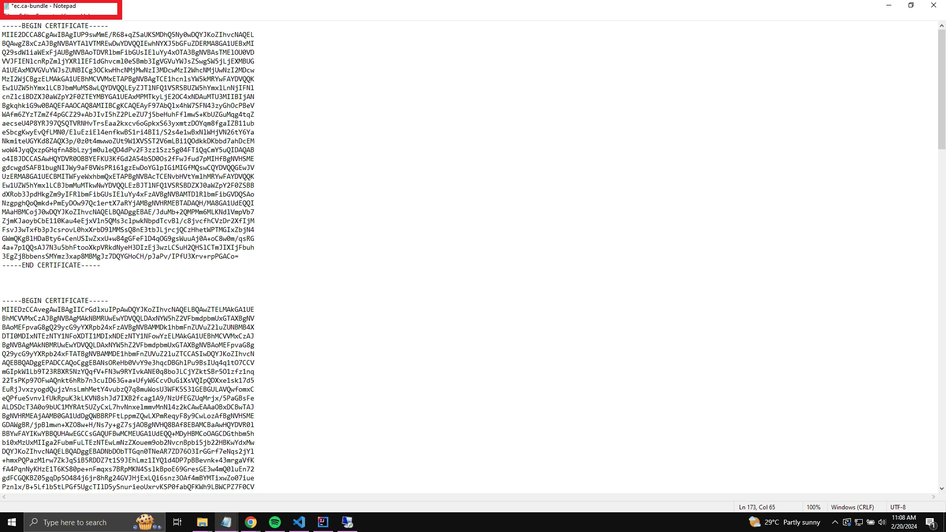ec.ca-bundle file open in a text editor with server.crt contents pasted