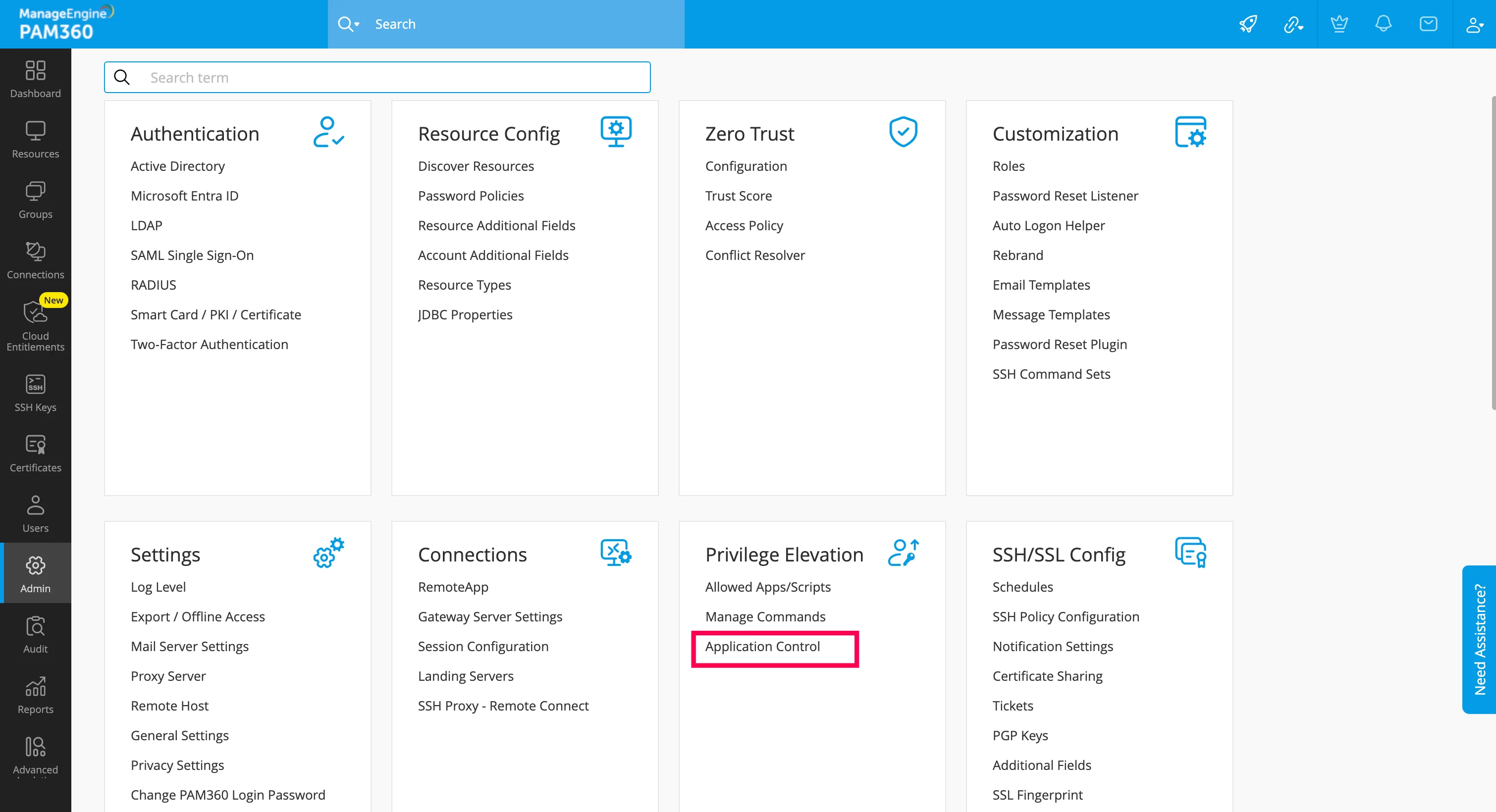 PAM360 Admin panel showing Privilege Elevation with Application Control option