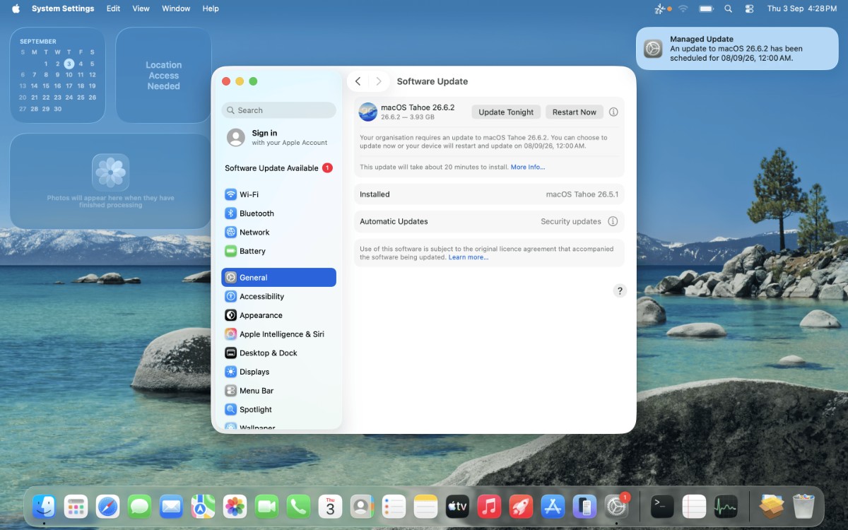 macOS Software Update screen showing the managed update and its enforcement deadline