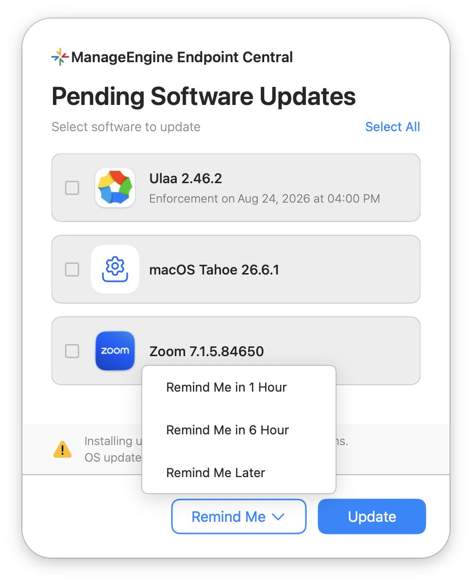 Update notification showing the options to install the update or select a reminder interval