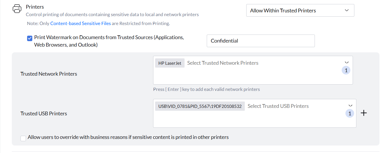 Printer Watermark and Override Settings Printer watermark and business override settings for printing sensitive content