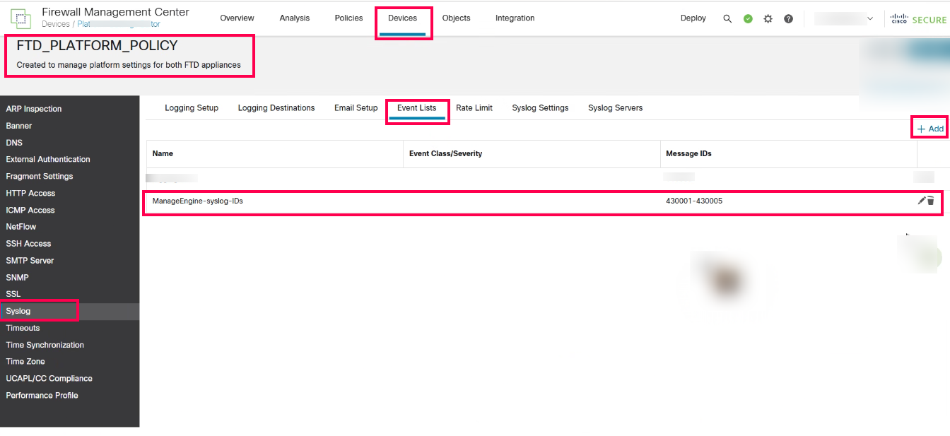 Configure thresholds Cisco Firepower configuration in Firewall Analyzer: Syslog settings