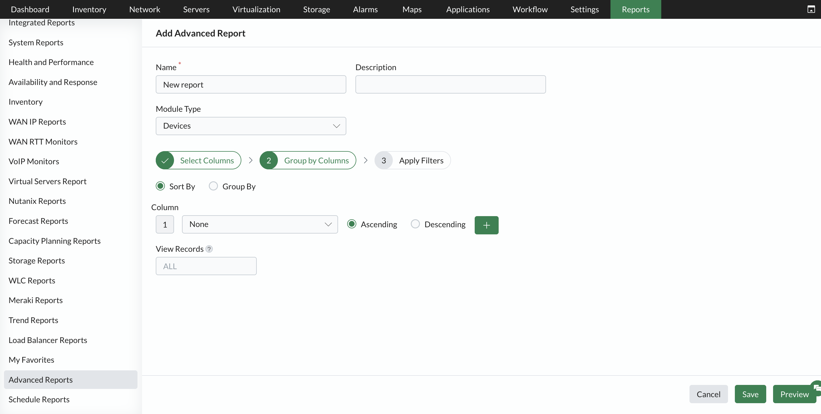 Group by columns OpManager advanced reports: Group by columns