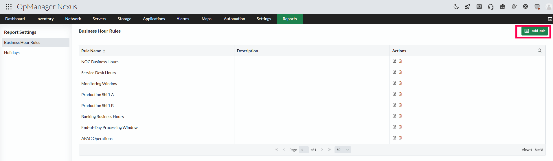 Report settings in OpManager: Business Hour Rules