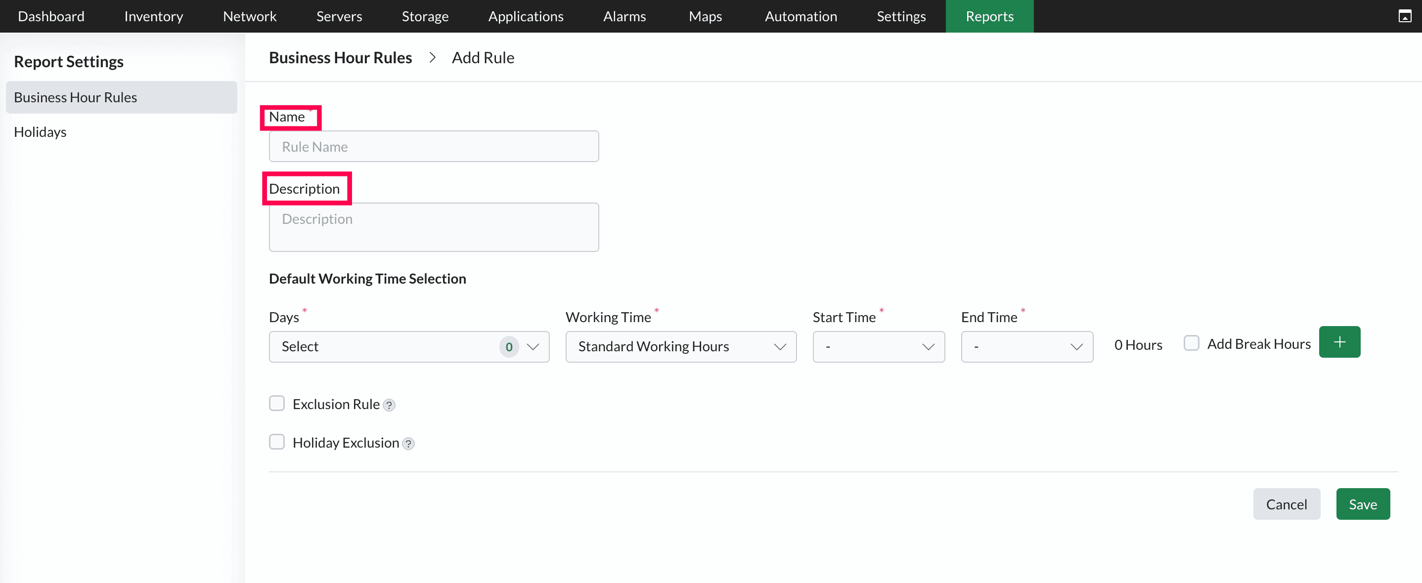 Report settings in OpManager: Business Hour Rules