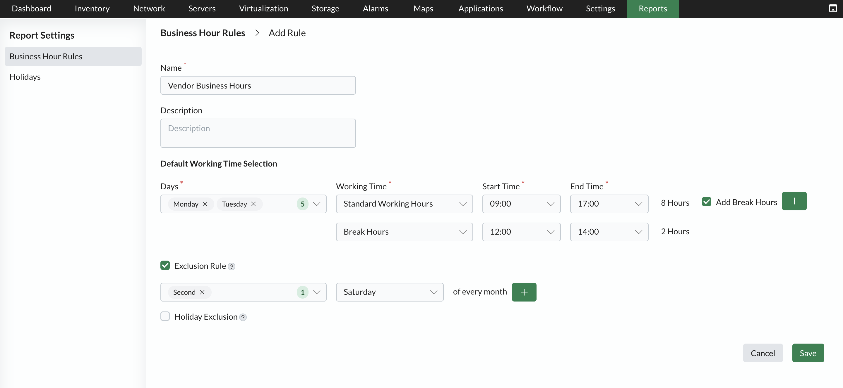 Report settings in OpManager: Business Hour Rules
