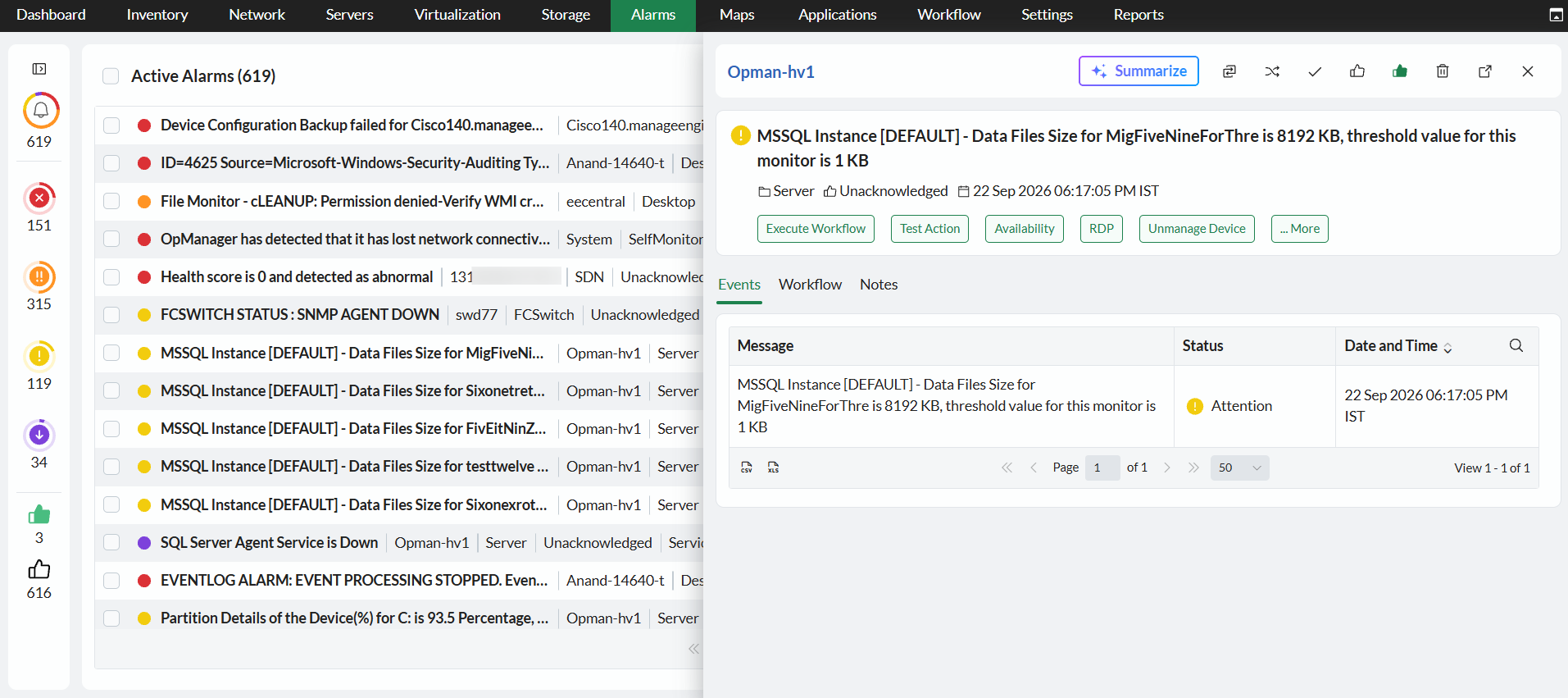 All alarms summary page in OpManager showing alert action options