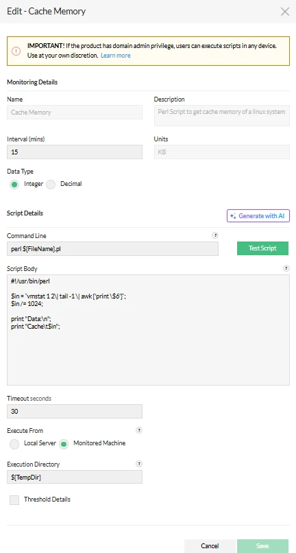 Script monitoring in OpManager: Add script template