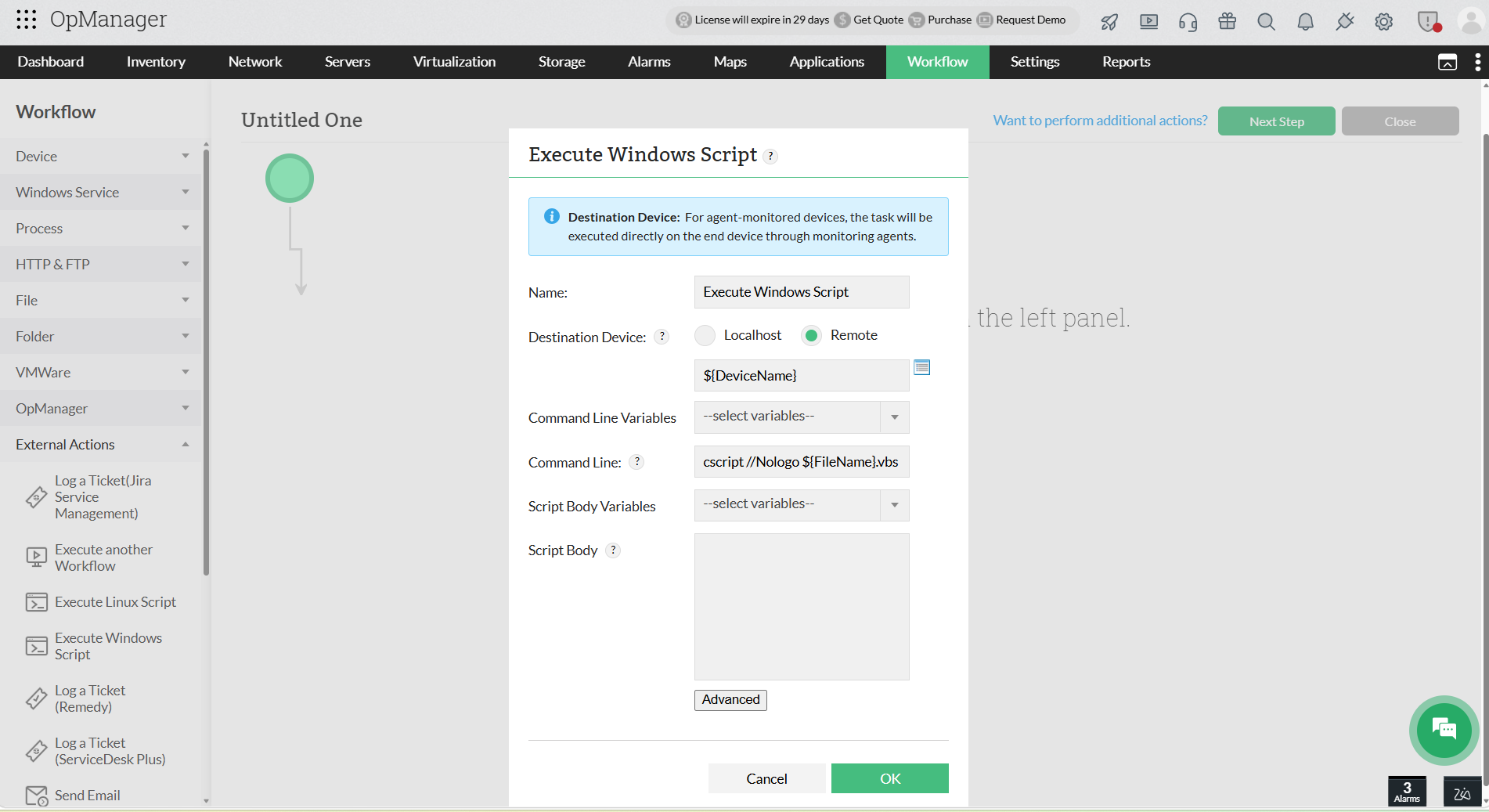 Executing workflow in OpManager: Execute windows script