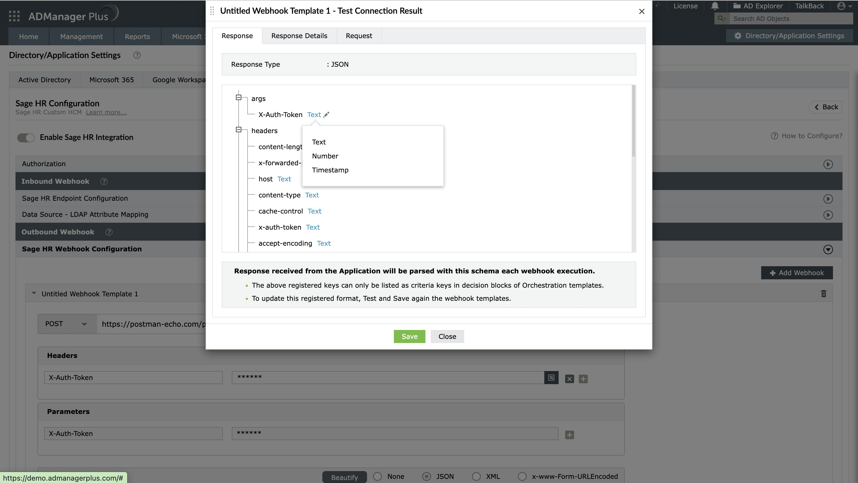 Résultat du test de connexion du webhook sortant avec mappage de schéma.
