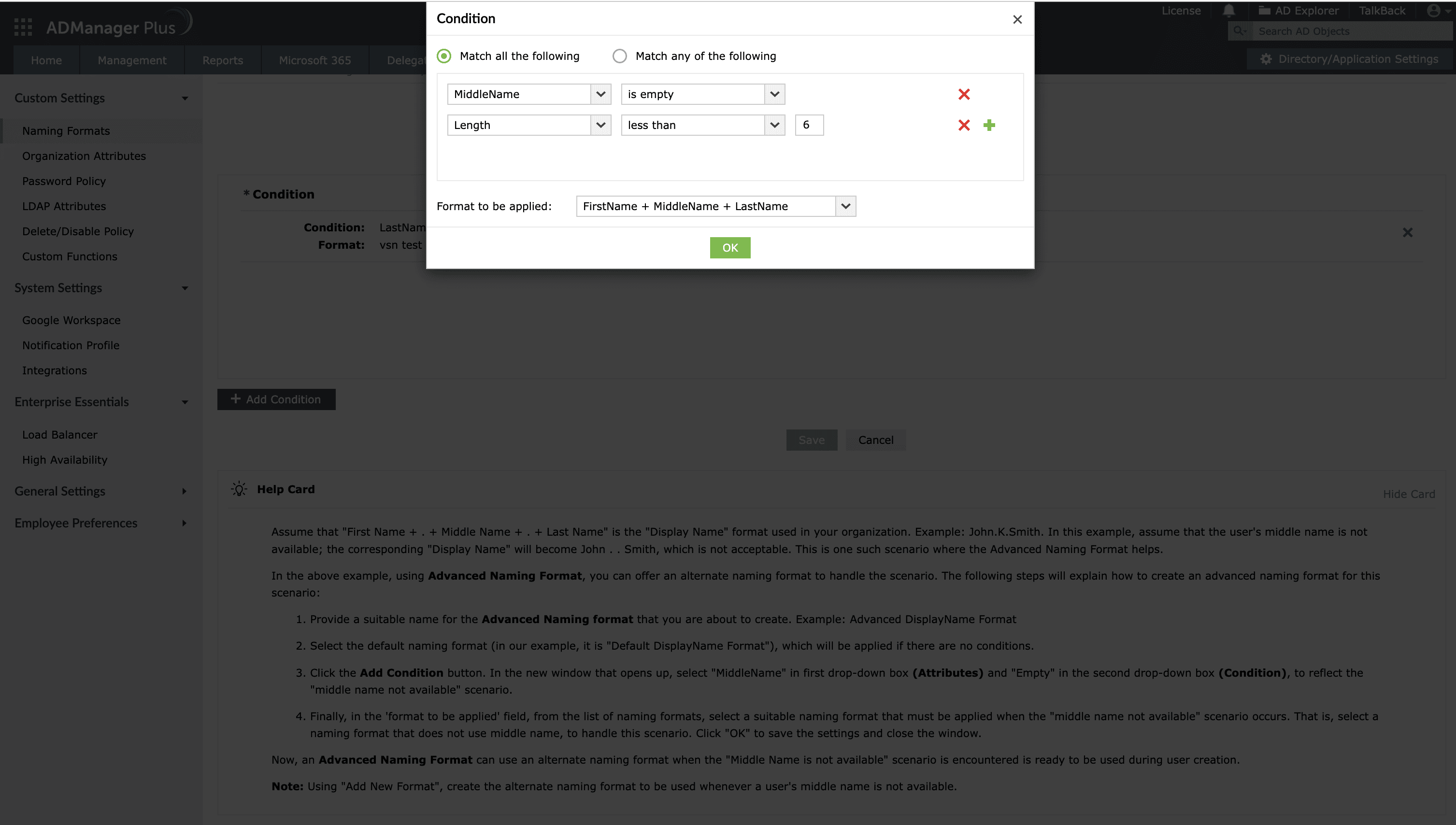 Ajout de conditions aux formats de nommage dans ADManager Plus.