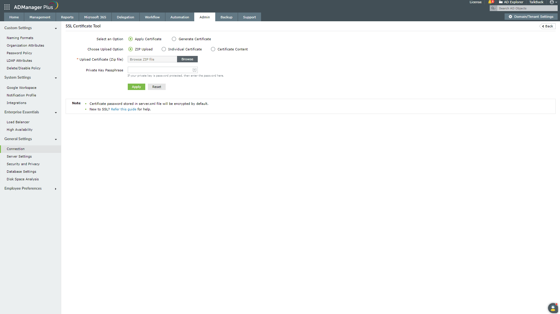 Étapes pour appliquer un certificat SSL existant à l'aide d'ADManager Plus