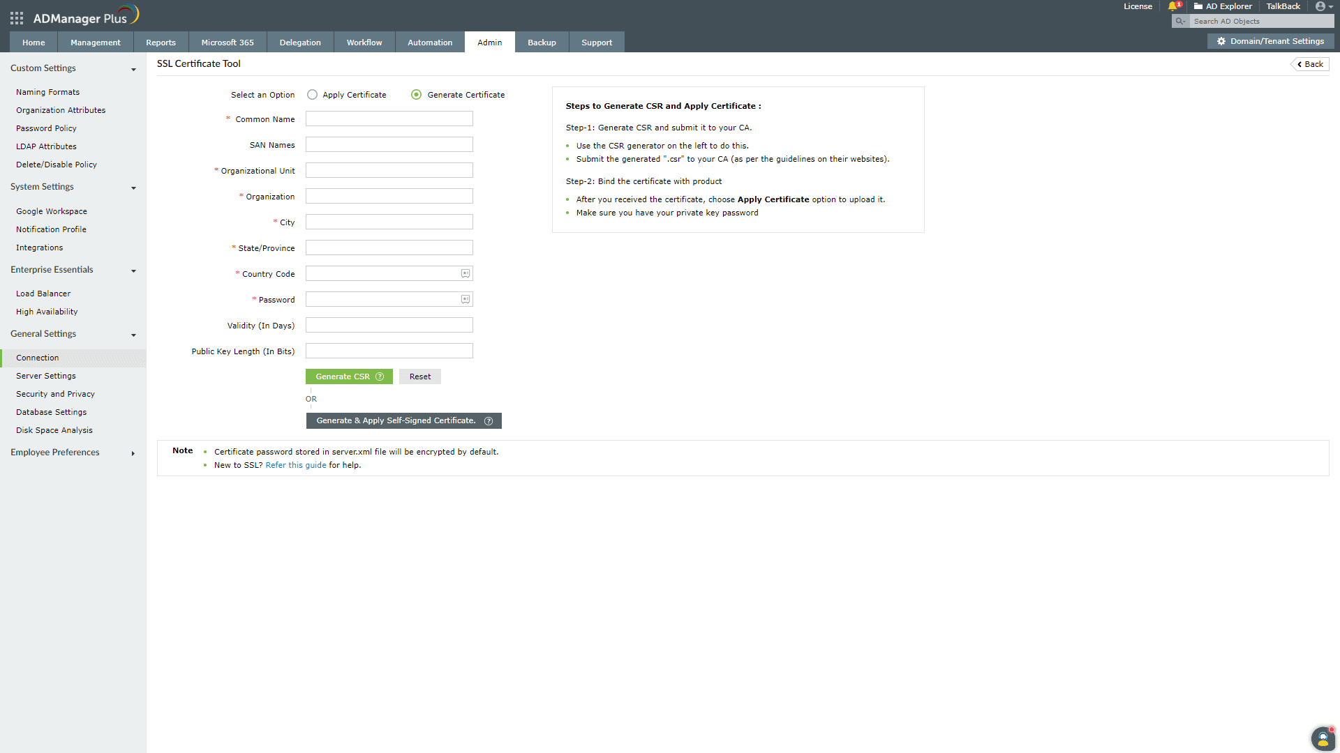 Étapes pour appliquer un certificat SSL existant à l'aide d'ADManager Plus