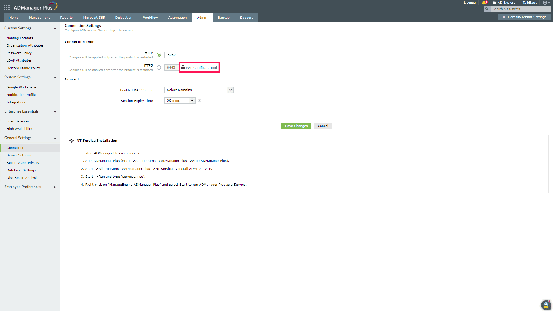 Étapes pour appliquer un certificat SSL existant à l'aide d'ADManager Plus