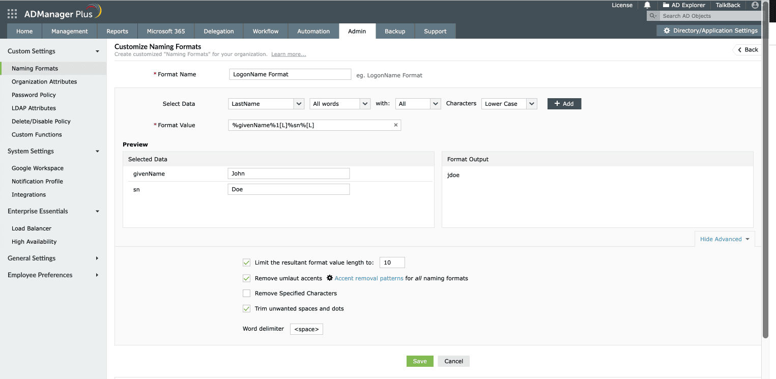 Personnalisation des formats de dénomination dans ADManager Plus.