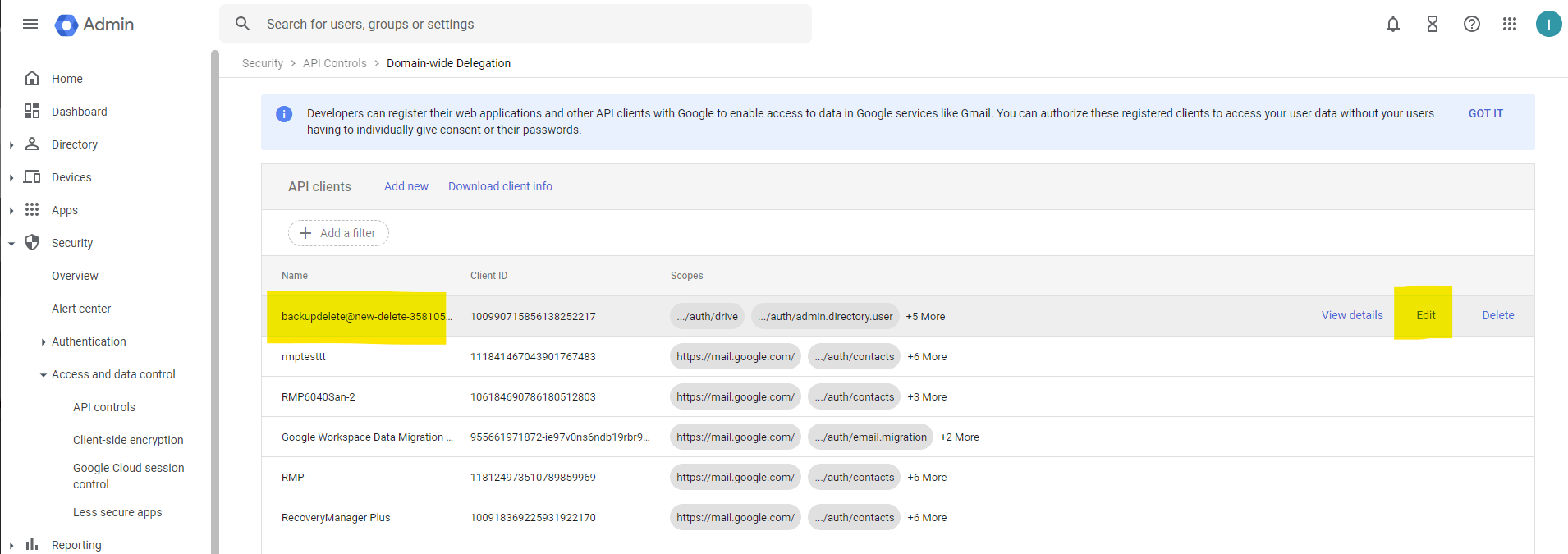 Autorisations nécessaires pour sauvegarder les utilisateurs Google Workspace