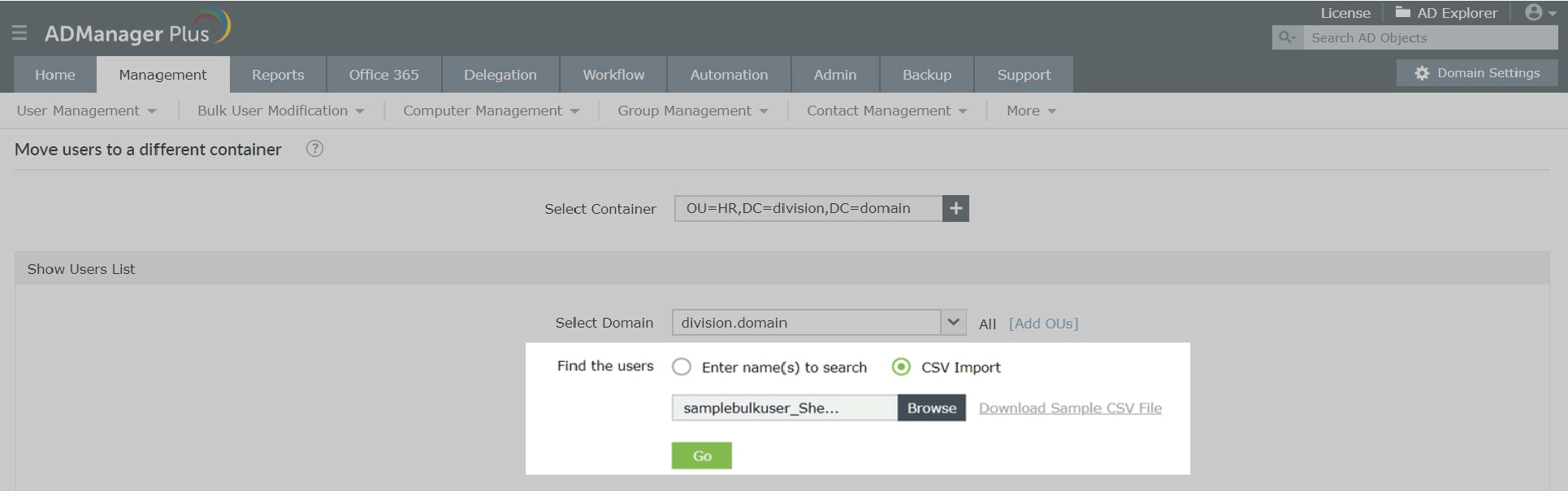 Importez la liste des utilisateurs à déplacer à partir d'un fichier CSV.