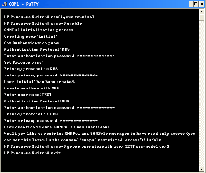 Configuering SNMPV3 in switch HP usando il puty