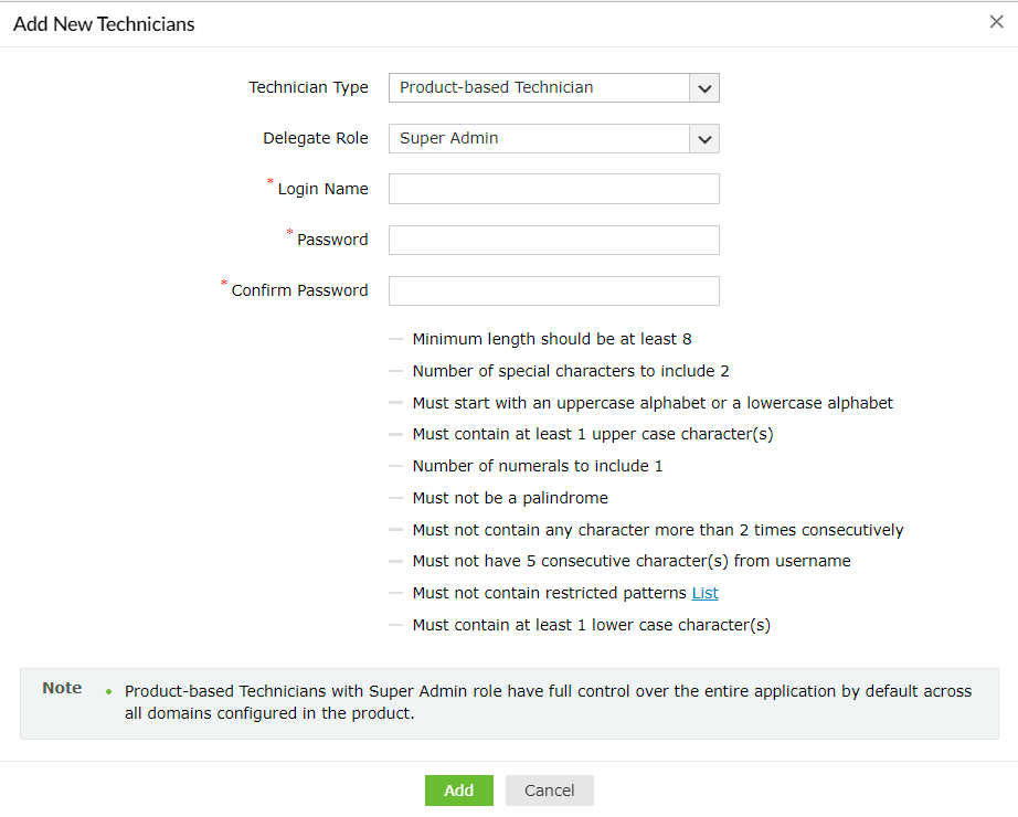 Ajout de nouveaux techniciens produits dans ADSelfService Plus