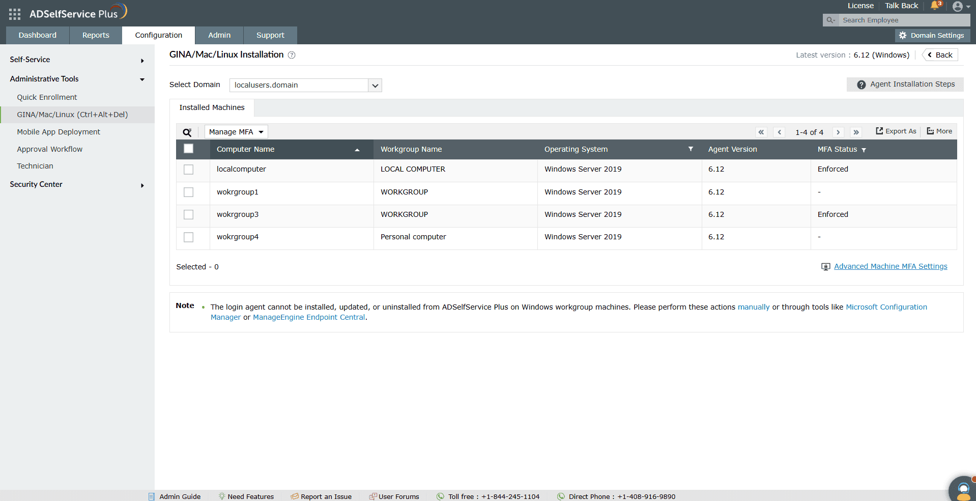 Liste des machines en groupe de travail avec l’agent de connexion ADSelfService Plus installé