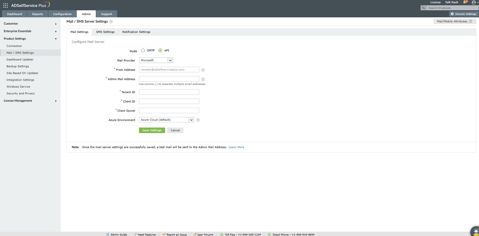 Paramètres du serveur de messagerie avec intégration API dans ADSelfService Plus